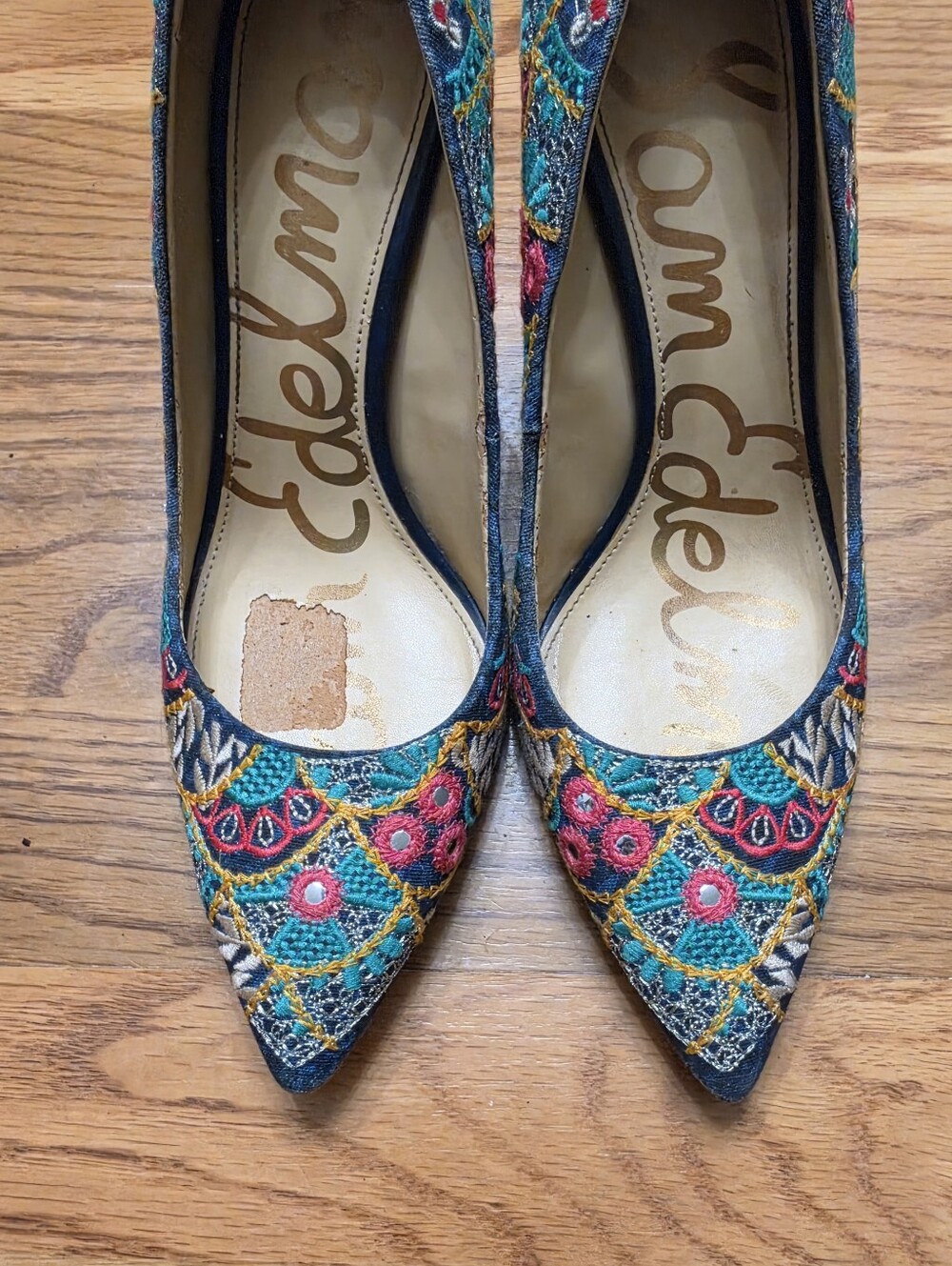 Sam Edelman Teal Floral Embroidered Pointed-Toe Heels - Picture 7 of 14